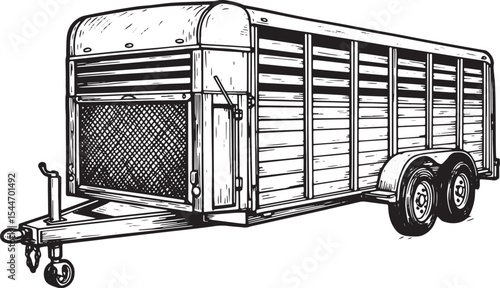 Detailed black and white illustration of a horse trailer isolate