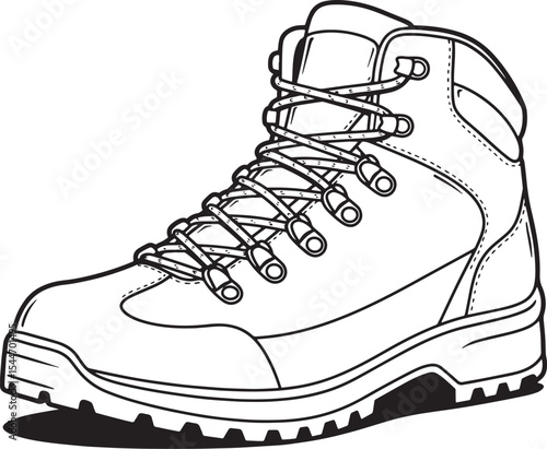 Detailed black and white illustration of a hiking boot suitable