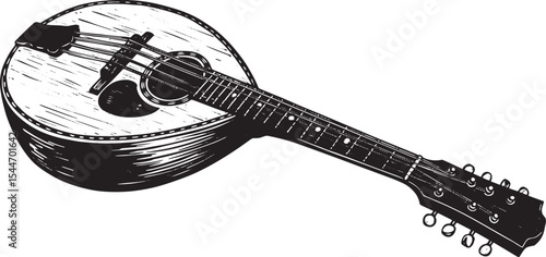 Detailed black and white illustration of a mandolin isolated on