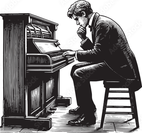 A thoughtful composer playing piano in a realistic woodcut drawi