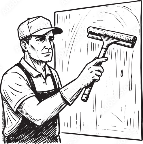 Window washer cleaning a glass surface with a squeegee in a draw