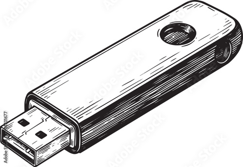 Detailed Black and White Illustration of a USB Flash Drive on Wh