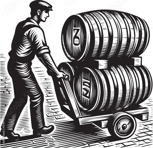 Vintage illustration of a man transporting wine barrels using a