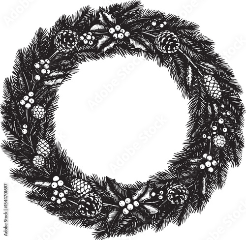Elegant black and white Christmas wreath illustration with pine