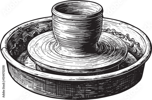 Detailed Illustration of a Pottery Wheel with a Clay Pot, Handcr