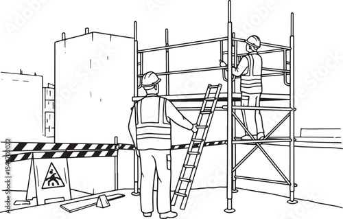 Construction Workers Working on Scaffolding with Safety Sign in