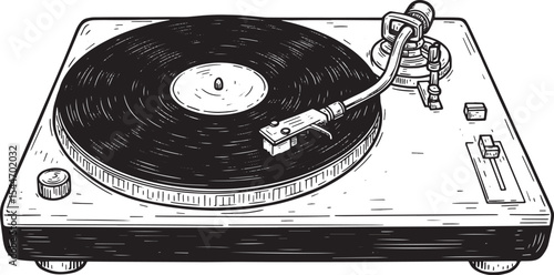 Hand-drawn illustration of a vintage record player on a white ba