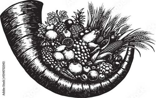 Detailed Illustration of a Cornucopia Overflowing with Harvest F