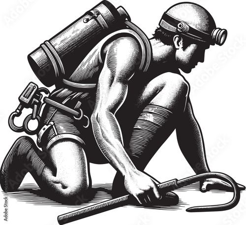 Monochrome illustration of a determined cave explorer with vinta