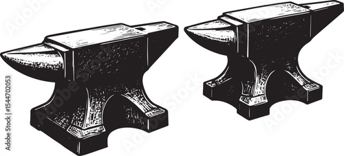 Detailed Monochrome Illustration of Two Blacksmith Anvils on a W
