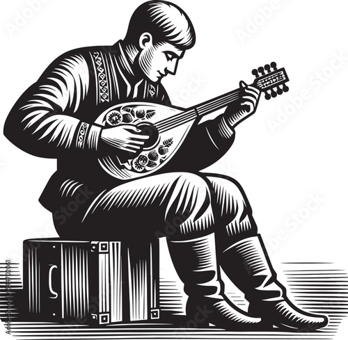Monochrome illustration of a musician with balalaika performing