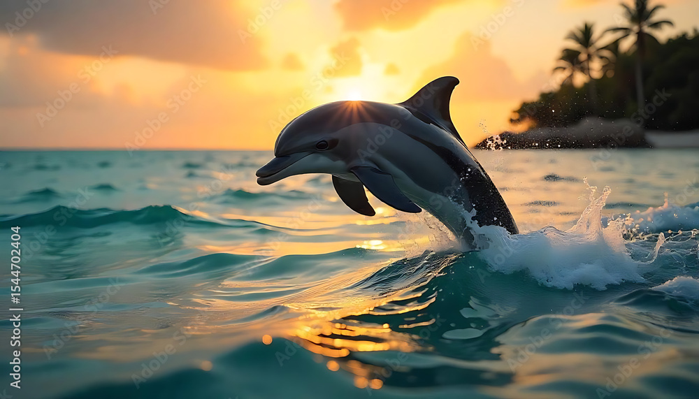 Fototapeta premium 3d dolphin jumping out of water, a dolphin leaping out of the water at sunset near a tropical beach, capturing a vibrant and lively ocean