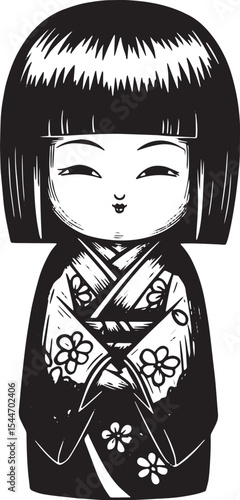 Illustration of a Traditional Japanese Kokeshi Doll in Black and