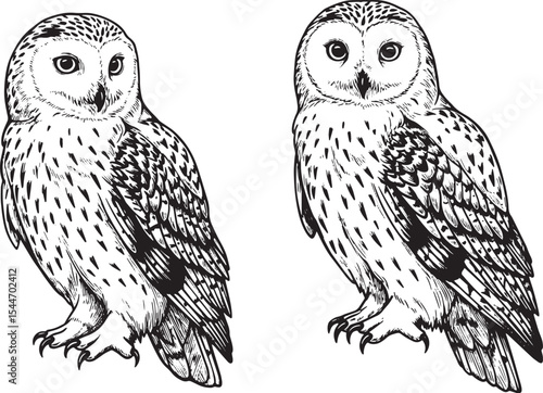 Detailed black and white illustration of two owls against a whit