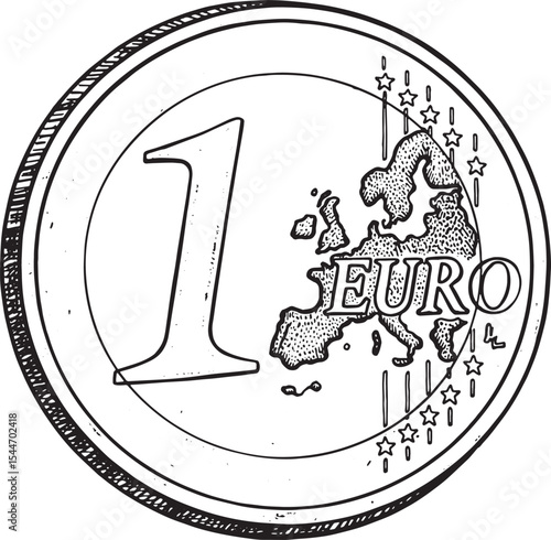 Detailed Illustration of a One Euro Coin Featuring European Map