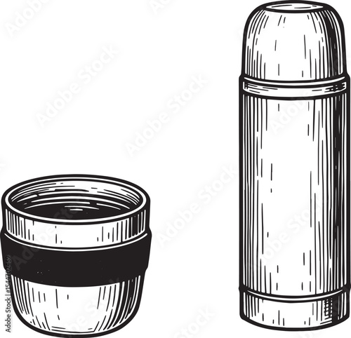 Monochrome Illustration of a Cup and a Thermos Bottle on a White