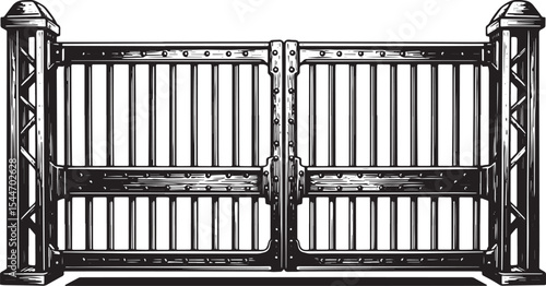 Vintage hand-drawn gate illustration on a white background, clas