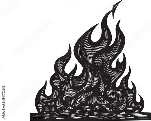 Intricate Black and White Illustration of Fire with Detailed Lin