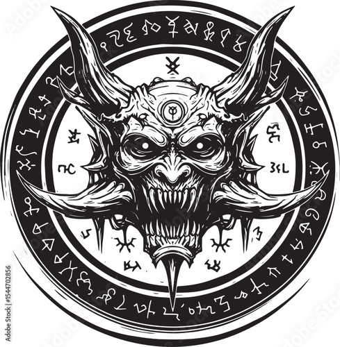 Intricate monochrome illustration of a demonic face within a cir
