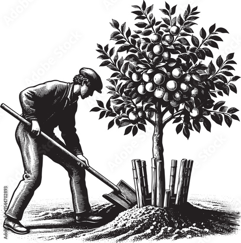 Woodcut style illustration of a man planting a fruit tree with a