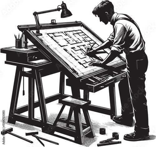 Architectural design: Man meticulously drafting blueprints on a