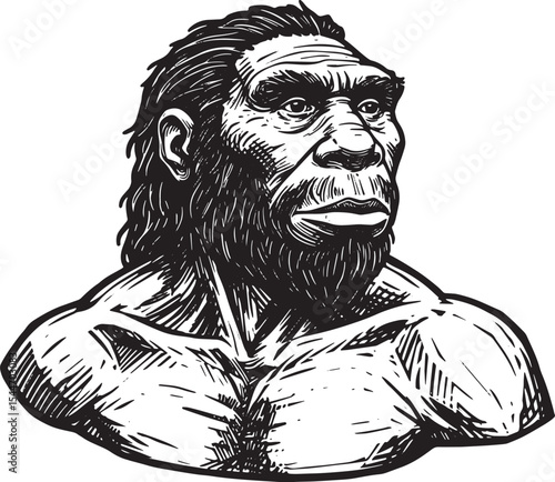 Illustration of a Neanderthal man, a prehistorical human in blac