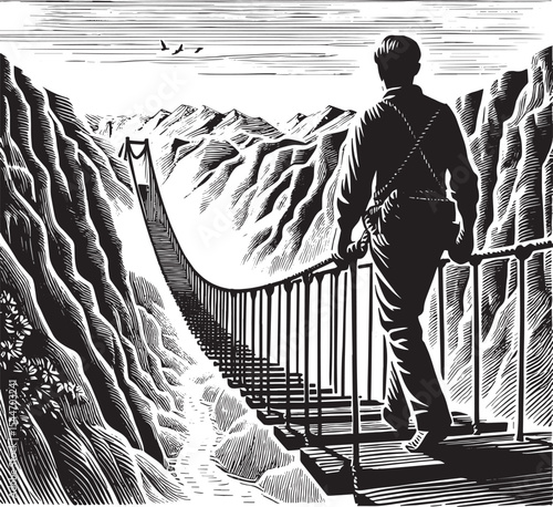 A solitary man traversing a chasm via rope bridge in a stylized