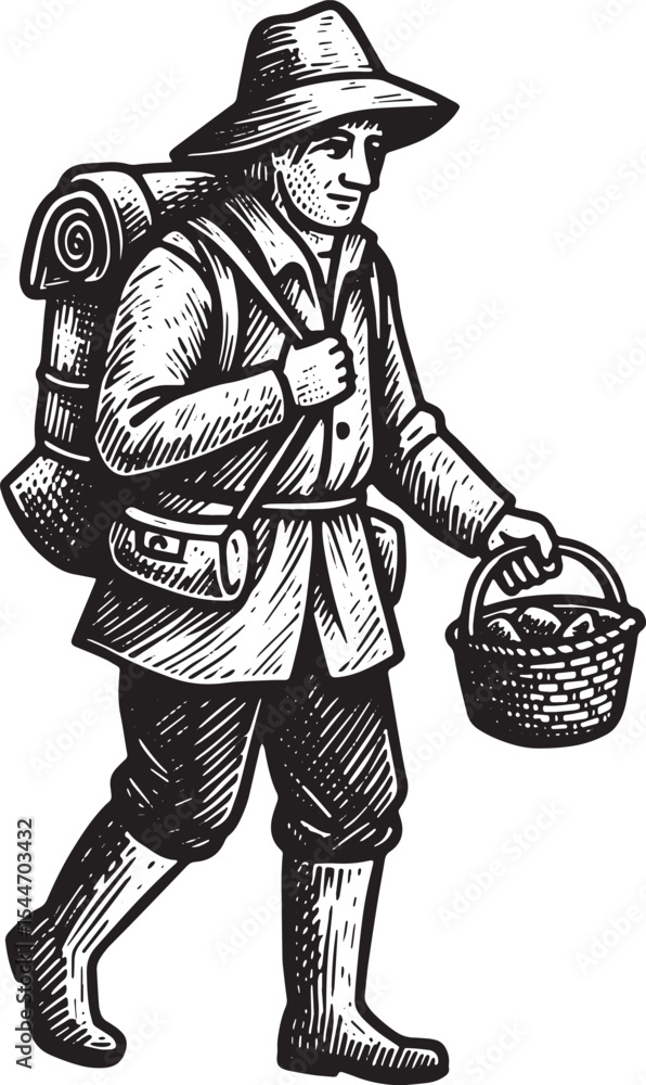 Obraz premium Vintage Illustration of a Hiker Carrying a Backpack and a Basket