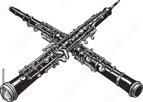 Two Detailed Oboes Crossed in a Graphic Illustration Against a W