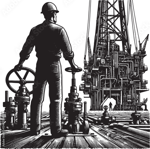 Illustrative Oil Rig Worker Controlling Valves in Detailed Woodc
