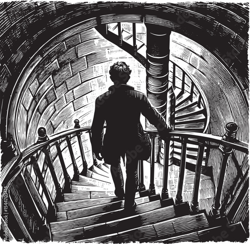 Descending into the depths: A vintage woodcut drawing of a spira
