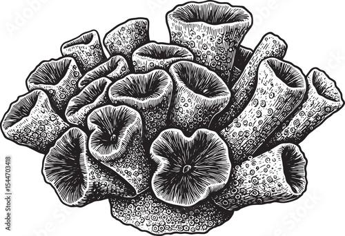 Detailed black and white illustration of sea sponge, art and nat