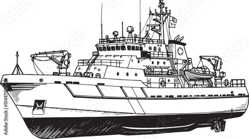 Illustration of a Research Vessel in Black and White on a White