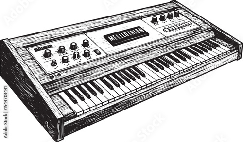 Illustration of a vintage Mellotron synthesizer keyboard in blac