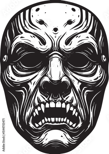 Intricate Black and White Mask Illustration with Scary and Frigh