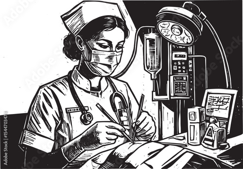 Monochrome Illustration of a Surgeon Operating in an Operating R