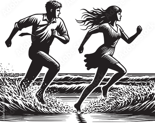 Couple running on the beach, monochrome woodcut illustration of