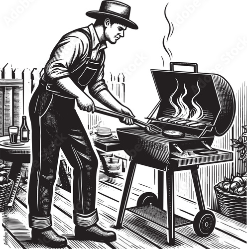 Woodcut Style Illustration of a Man Barbecuing in a Backyard Set
