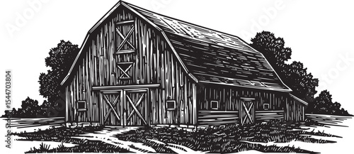 Black and white illustration of an old barn in a rural countrysi
