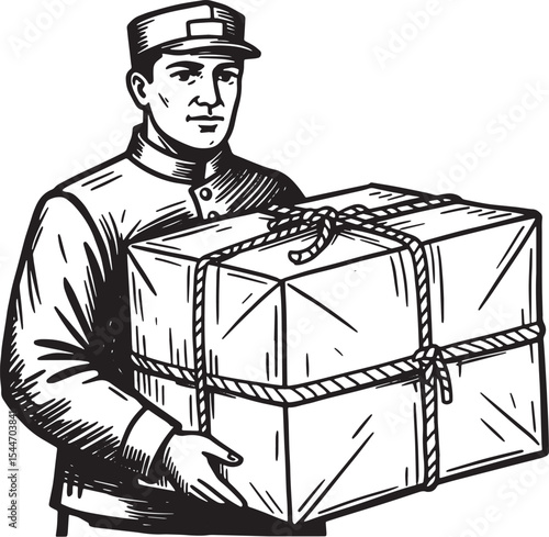 Courier holding a package in vintage style illustration with a b