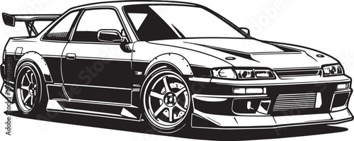 Illustration of a black and white sports car on a white backgrou