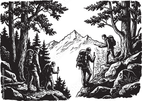 Black and white illustration of hikers exploring a mountainous l