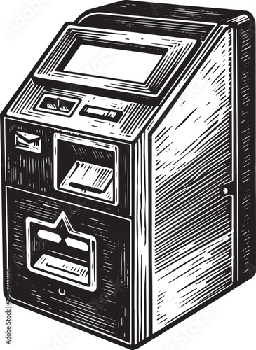 Illustration of an ATM Machine in a Black and White Engraved Woo