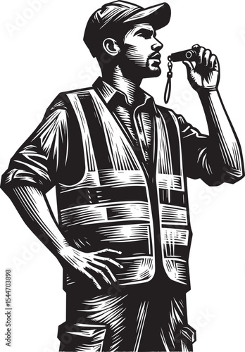 Monochrome Illustration of a Worker in Safety Vest with Whistle
