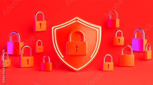 Red shield, padlocks, security, digital, protection, background, 3D render, concept