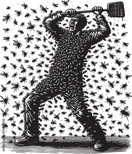 Monochrome illustration of a man battling an overwhelming swarm
