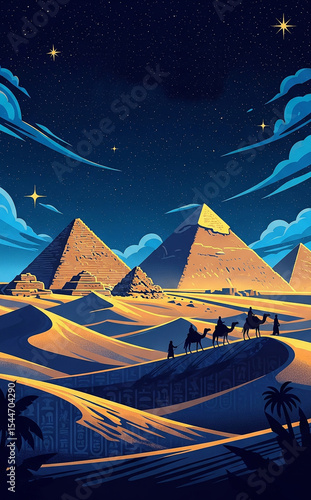 Egyptian Adventure. Great Pyramids and camels under starry desert sky.