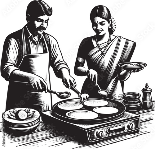 Traditional Woodcut Illustration of Couple Making Dosa for Break