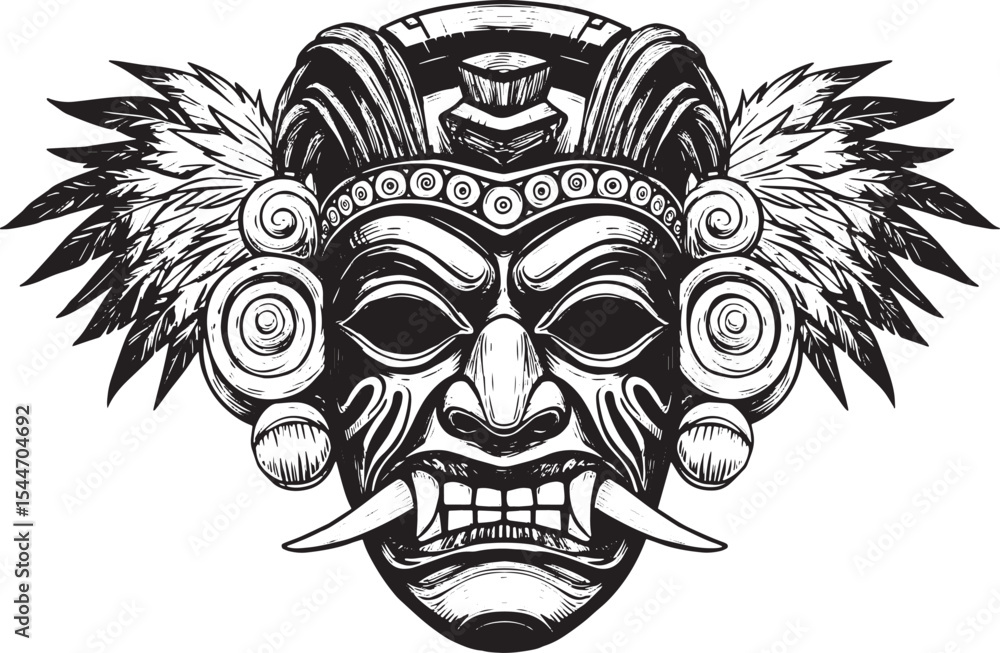 Obraz premium Detailed Vector Illustration of a Tribal Mask with Feathers in B