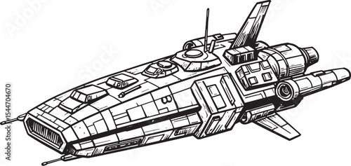 Detailed Black and White Illustration of a Futuristic Spaceship
